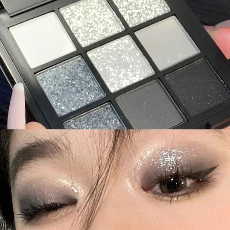 Rynx | Smoky Glitter Matte Eyeshadow Palette 9 Colors Pearl Grey Black Hue Shimmer Eyeshadow Makeup Pigments Palette Cosmetics