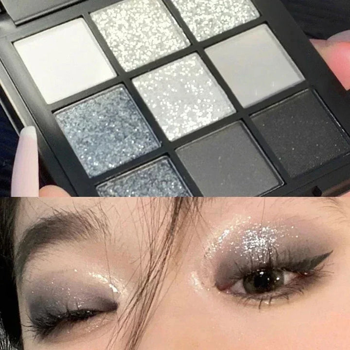 Rynx | Smoky Glitter Matte Eyeshadow Palette 9 Colors Pearl Grey Black Hue Shimmer Eyeshadow Makeup Pigments Palette Cosmetics
