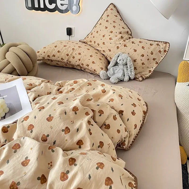 Rynx | Bedding Set Double-Layered Yarn INS Girl Mushroom Soft Washed Cotton Duvet Cover Queen King Size Bedding Pillowcase Bed Sheet