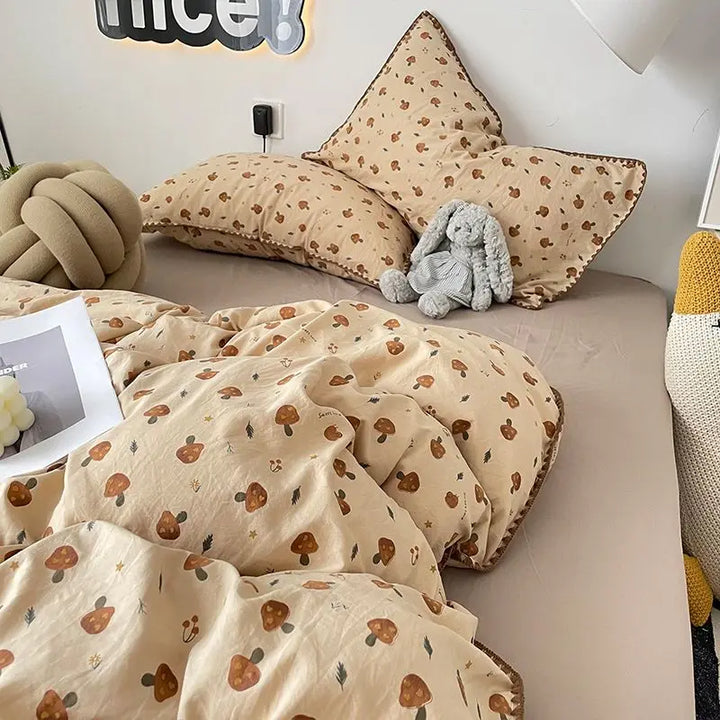Rynx | Bedding Set Double-Layered Yarn INS Girl Mushroom Soft Washed Cotton Duvet Cover Queen King Size Bedding Pillowcase Bed Sheet