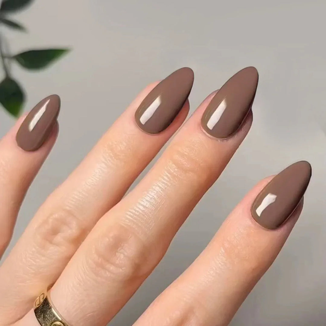 Rynx | Classic Glossy Solid Long Pointed Artificial Nails Brown Green Gray Blue Removable Pre-made Artificial Nails Stick-on Nails with Glue