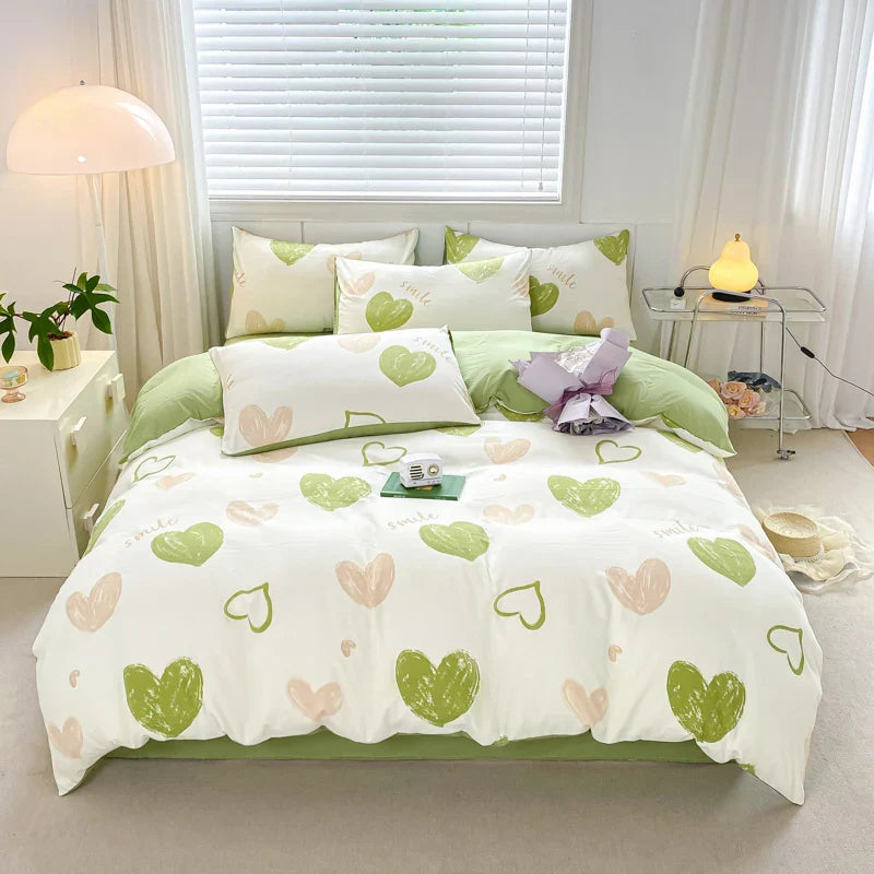Rynx | Sweet green heart-shaped princess girl duvet covers Simple duvet cover bed sheet pillowcase washed cotton bedding