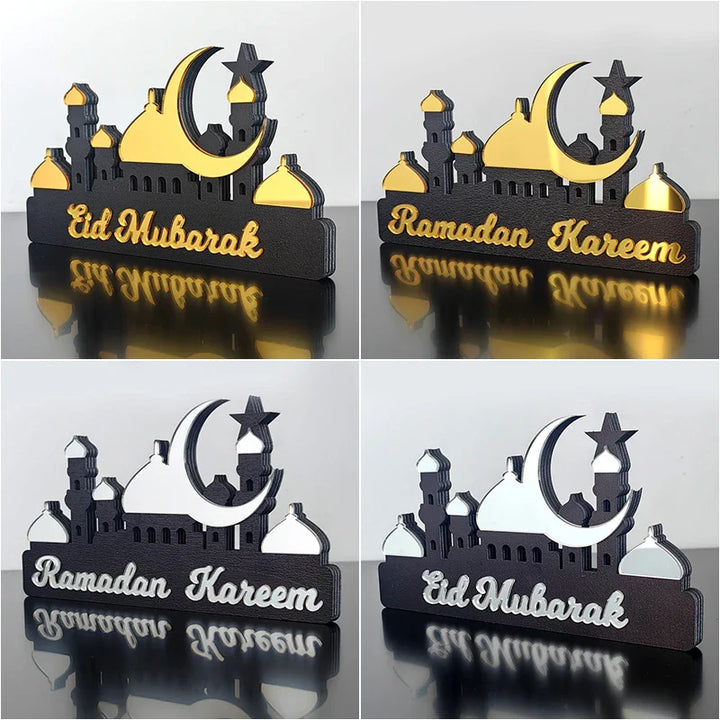 Rynx Ramadan Kareem Table Ornament Wood Acrylic Eid Mubarak Moon Star Castle DIY Table Decoration Islamic Celebration Home Decor