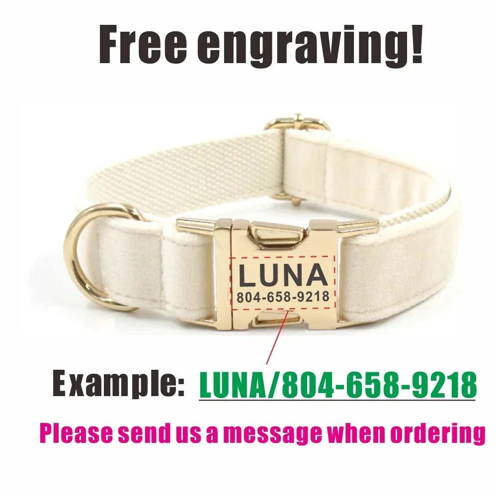 Lisslune | Personalized Luxury Velour Dog Collar with Engraved Name Tag and Matching Leash