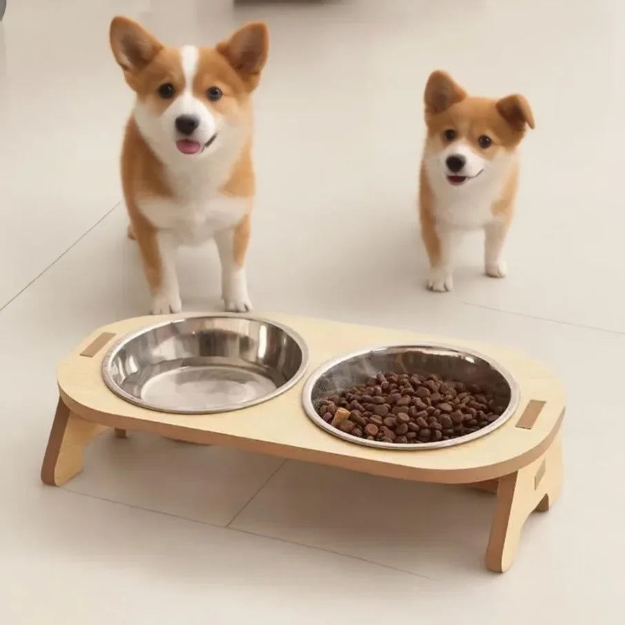 Rynx | Elevated feeding bowl inclined stainless steel feeding bowls dog water feeding feeding bowl cat bowl wooden stand pet supplies single/double