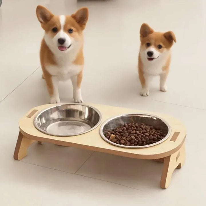 Rynx | Elevated feeding bowl inclined stainless steel feeding bowls dog water feeding feeding bowl cat bowl wooden stand pet supplies single/double