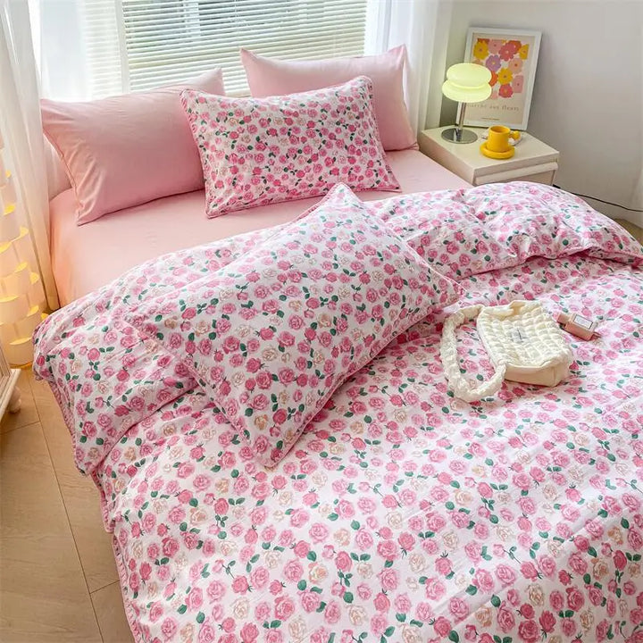Lisslune | Ins Washed Double-Layer Garn Shell Stickerei Vier-Teiliges Bett Spannbettlaken