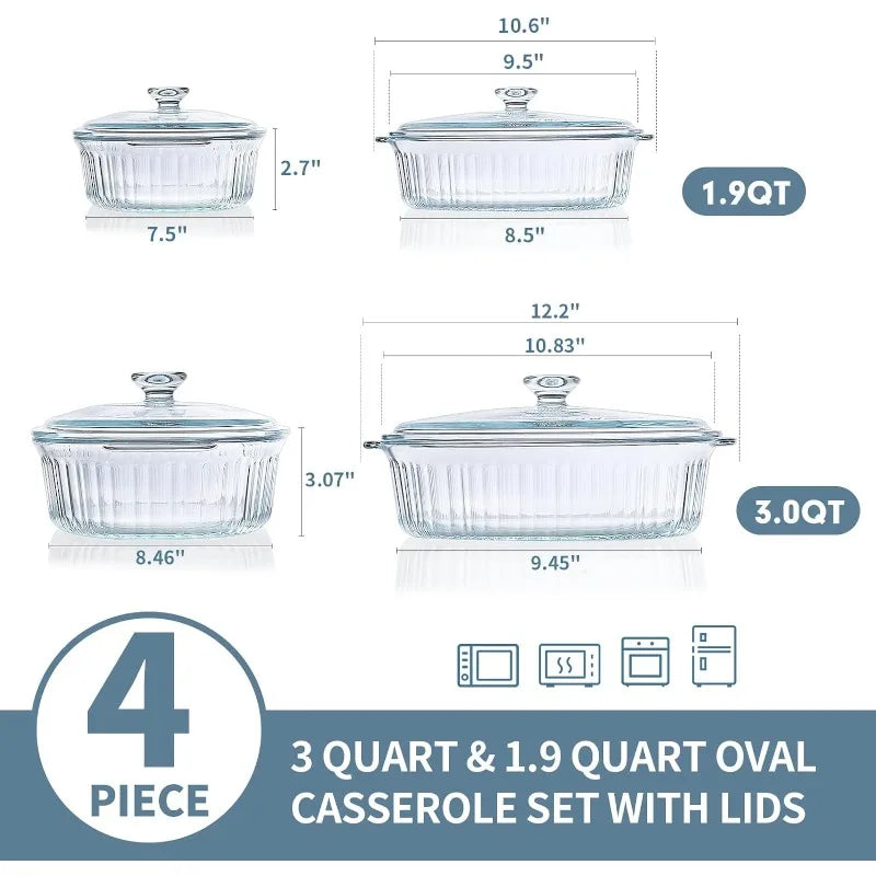 Lisslune | 4-piece Glass Bakeware Set with 2 Bakeware Dishes with Glass Lids, 1.9 Qt and 3 Qt