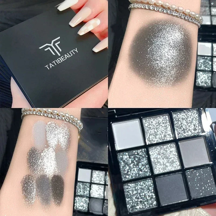 Rynx | Smoky Glitter Matte Eyeshadow Palette 9 Colors Pearl Grey Black Hue Shimmer Eyeshadow Makeup Pigments Palette Cosmetics