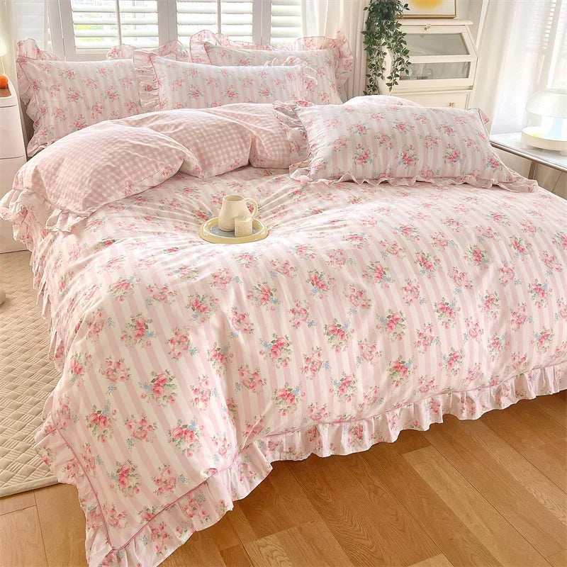 Rynx Princess Style Ruffled 100% Cotton Duvet Cover Set or Single Duvet Covers Floral Soft Duvet Cover Cotton Sweet Duvet Covers