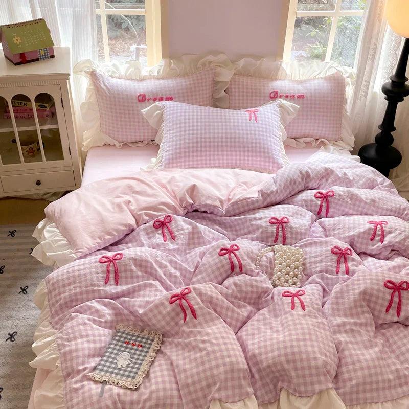 Lisslune | Prinzessinnen Bettwäsche Set Spitze Schleife Rosa Karomuster 4-teilig Bettdecke Bezug Blatt und Kissenbezug Soft Romantisch Für Mädchen