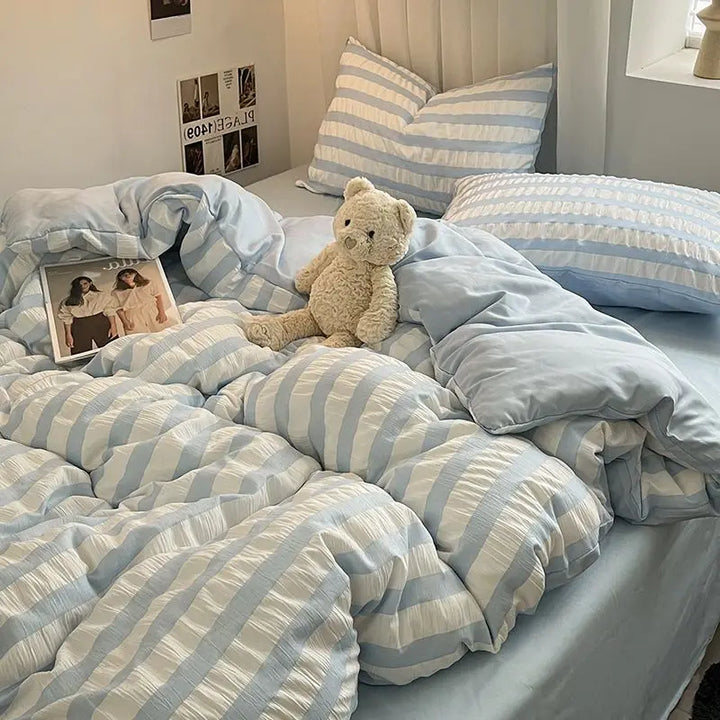 Rynx | INS Blue White Stripes Seersucker Duvet Cover Bed Sheet Pillowcases NO Filling Princess Bedding Set Girls Home Textiles Full Size