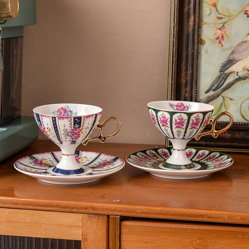 Rynx | Ceramic cup and saucer High coffee cup Palace Vintage Flower Handmade cup saucer set Golden handle Elegant drinking utensils