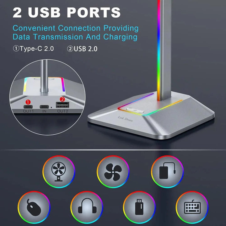 Lisslune | Link Dream Z8 LED Gaming Headset Stand with USB Type-C Connectivity - Elegant Silver Aluminum Headphone Organizer