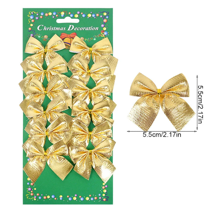 Rynx 12/24pcs Christmas Bow Red Gold Mini Christmas Tree Ribbons Charms Ornaments for Christmas Decoration New Year Party DIY Gifts