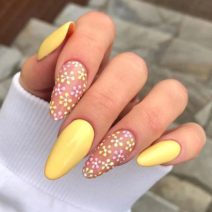Rynx | Yellow Small Flower Pearl Cute Almond Shape False Nails Simple French Removable Ready Artificial Nails for Stick-On with Glue