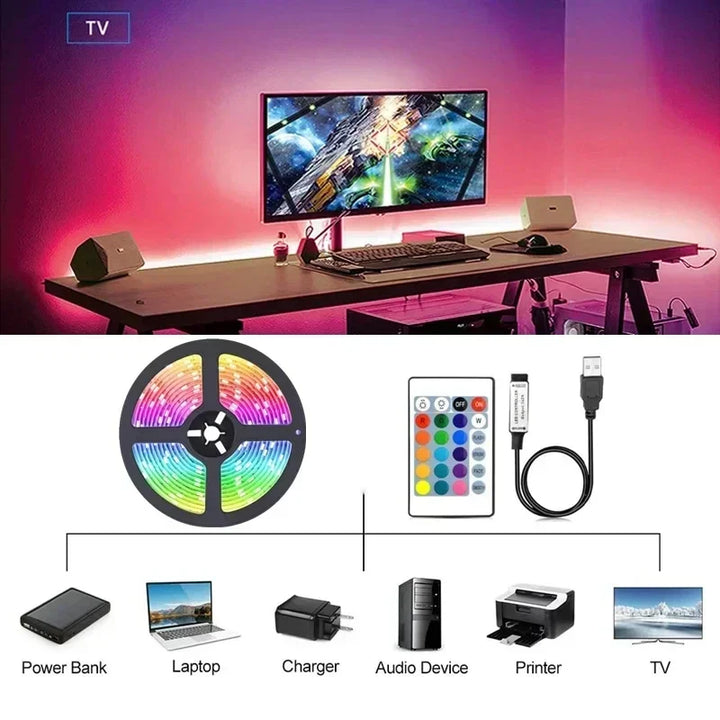Lisslune | RGB 5050 LED Strip Light with Remote Control & App Control - USB-powered