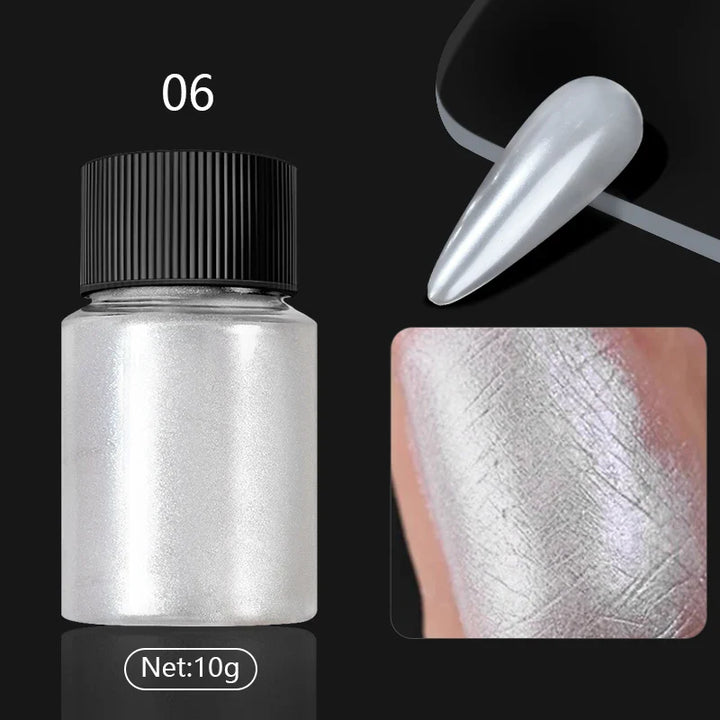 Rynx | Aurora Pearl White Nails Glitter Dust Chrome Gradient Rubbing on Powder Mirror Reflective Magnetic Pigment Nail Art Decorations