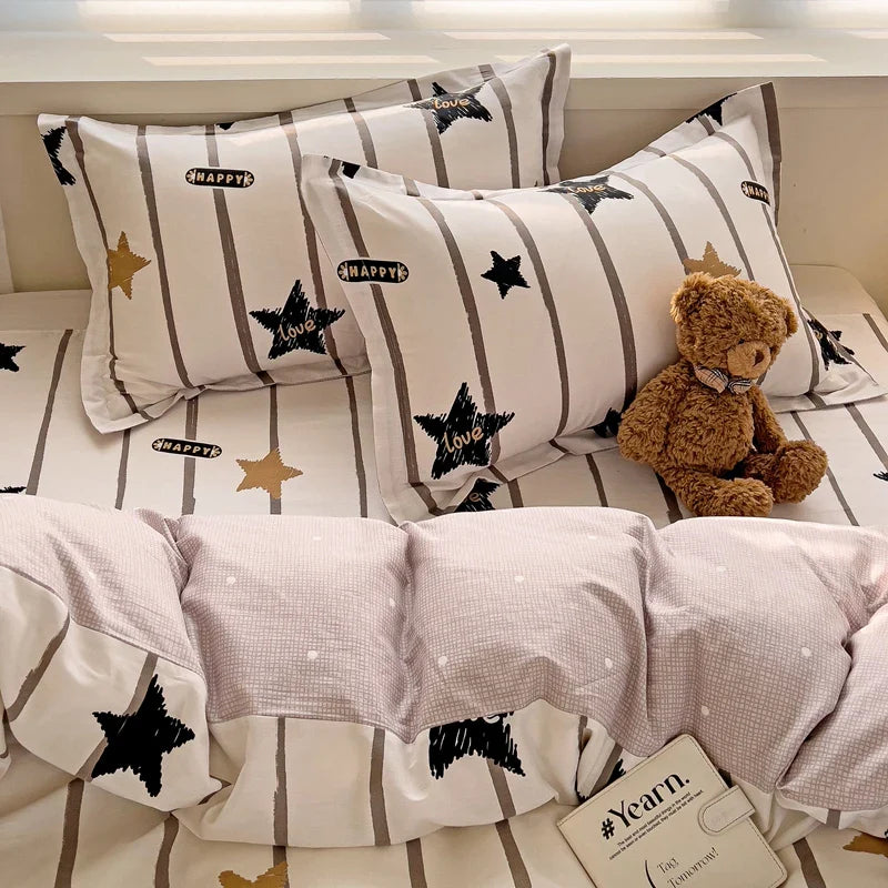 Rynx | Black Striped Duvet Cover Stars Printed Soft Pure Cotton Bedding for All Seasons Elegant Classic Stripe Pattern Duvet Covers