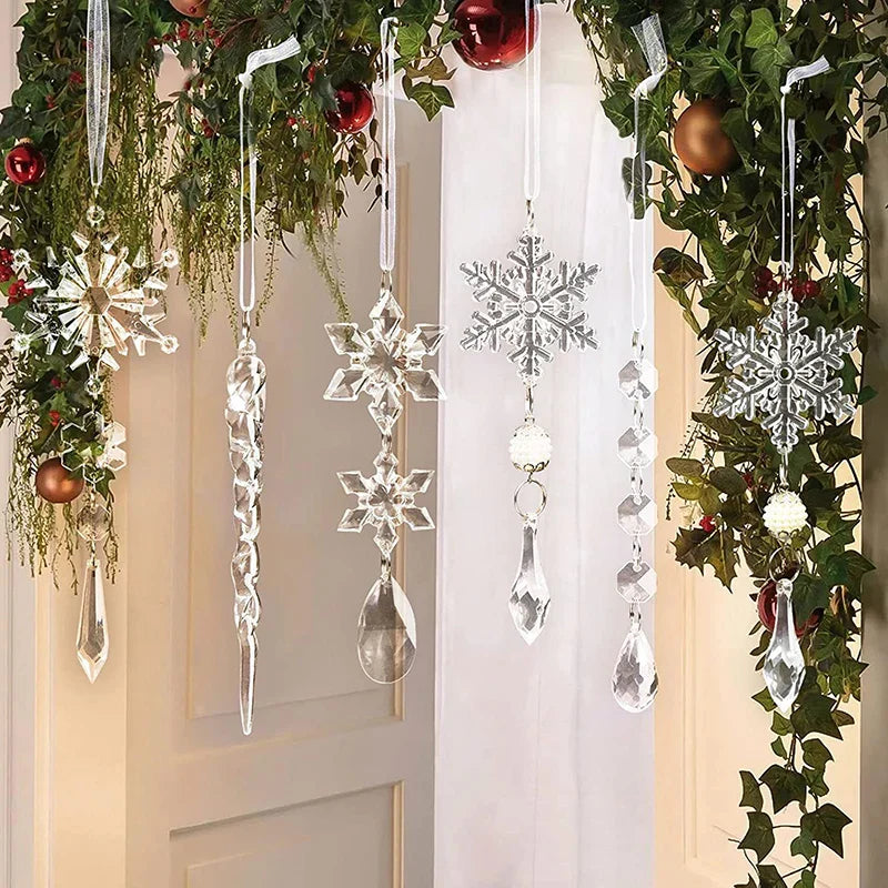 Rynx | 5/10 Pieces Acrylic Snowflake Simulation Ice Pendant Christmas Tree Hanging Decoration 2024 Christmas Home Decor New Year Gift