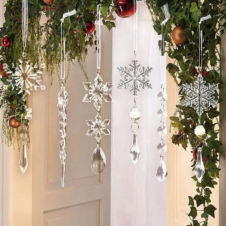 Rynx | 5/10 Pieces Acrylic Snowflake Simulation Ice Pendant Christmas Tree Hanging Decoration 2024 Christmas Home Decor New Year Gift