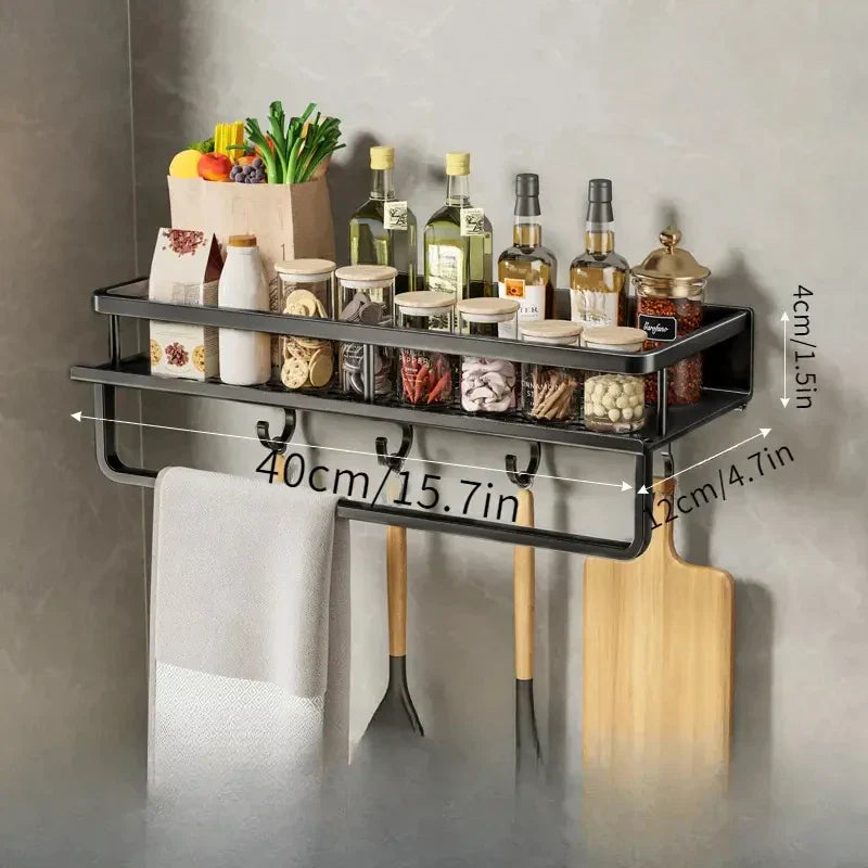 Lisslune | Black Wall-Mounted Kitchen Rack – Spice Shelf with Utensil Hook Bar