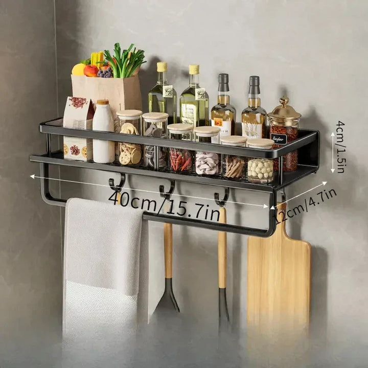 Lisslune | Black Wall-Mounted Kitchen Rack – Spice Shelf with Utensil Hook Bar