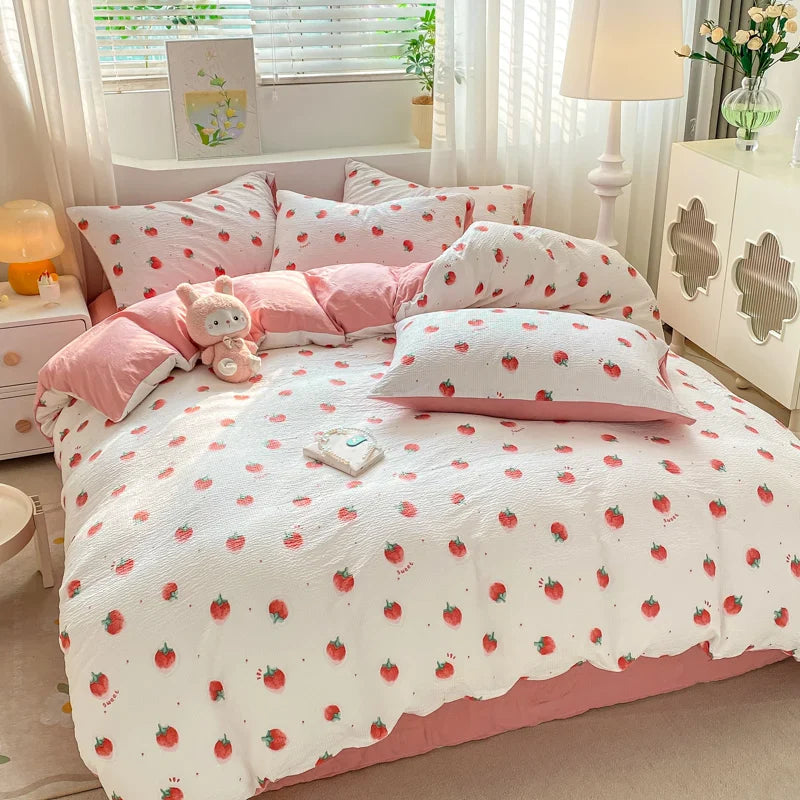 Rynx | In Pink Strawberry Sweet Bedding Set Cartoon Fruit Duvet Cover Soft Queen Full Size Flat Sheet Girls Comforter Pillowcase