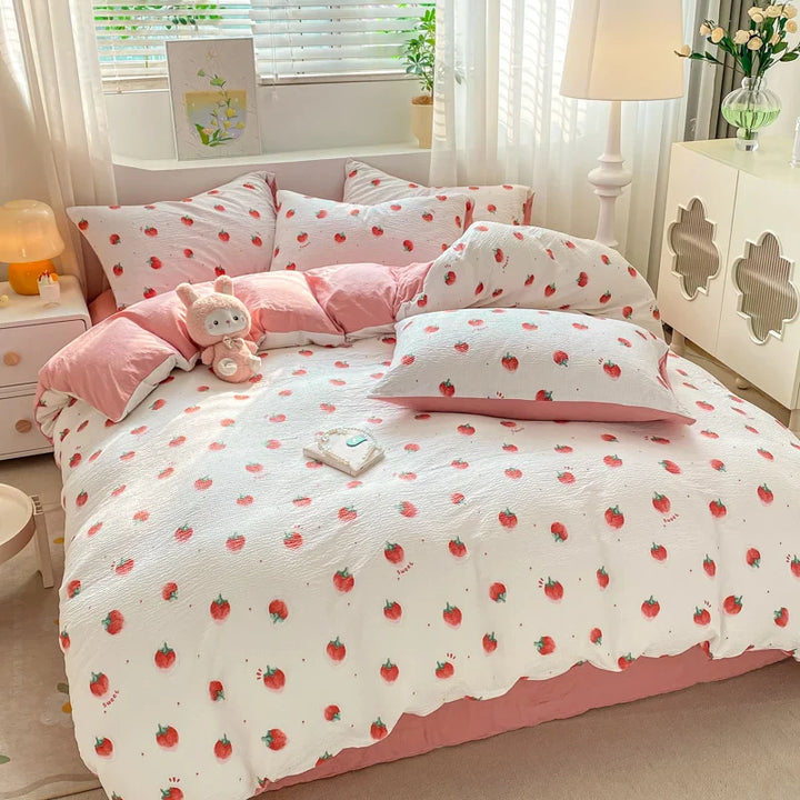 Rynx | In Pink Strawberry Sweet Bedding Set Cartoon Fruit Duvet Cover Soft Queen Full Size Flat Sheet Girls Comforter Pillowcase