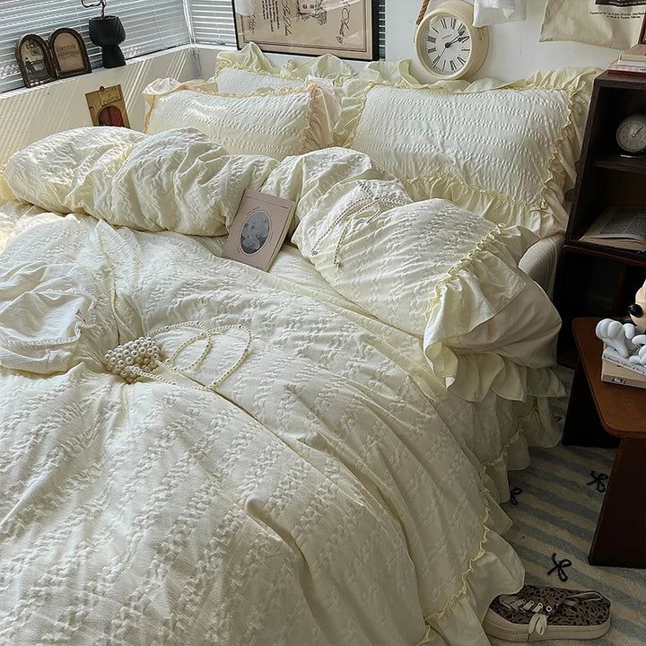 Rynx | Pink Korean Princess Style Lace Ruffles Bedding Set Skin-Friendly Seersucker Duvet Cover Set Fitted Sheet/Bed Sheet Pillowcases