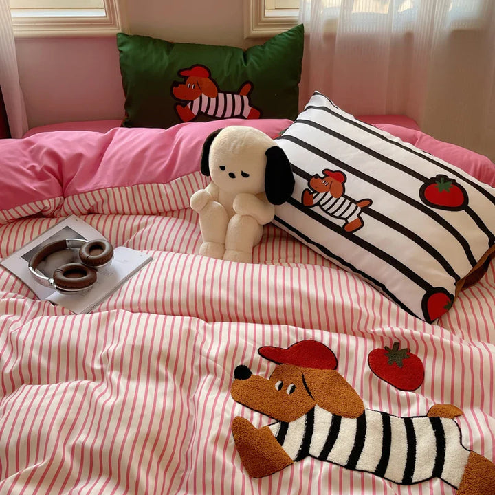 Rynx | Embroidered Running Dog Soft Bedding Set Duvet Cover Bed Linen Bedspread Pillowcases Flat Sheet Comforter Sets for Girls