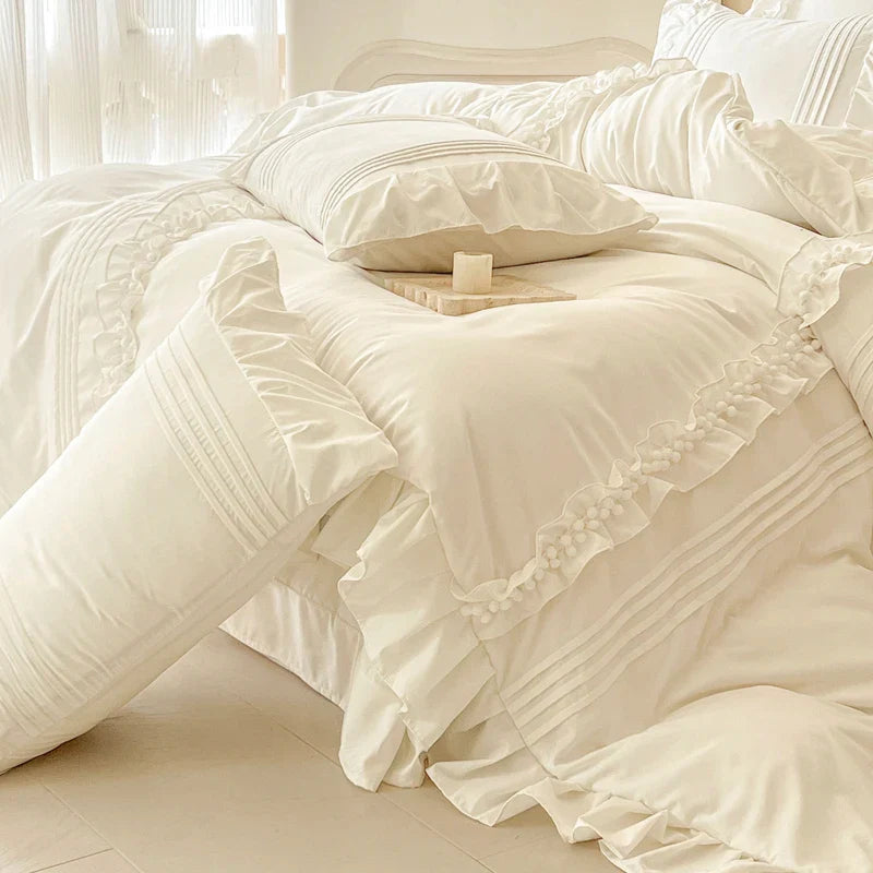 Rynx | Korean Princess Style Lace Ruffle Bedding Set Solid Color Duvet Cover Set Flat/Fitted Sheet Pillowcases with Pillow Covers