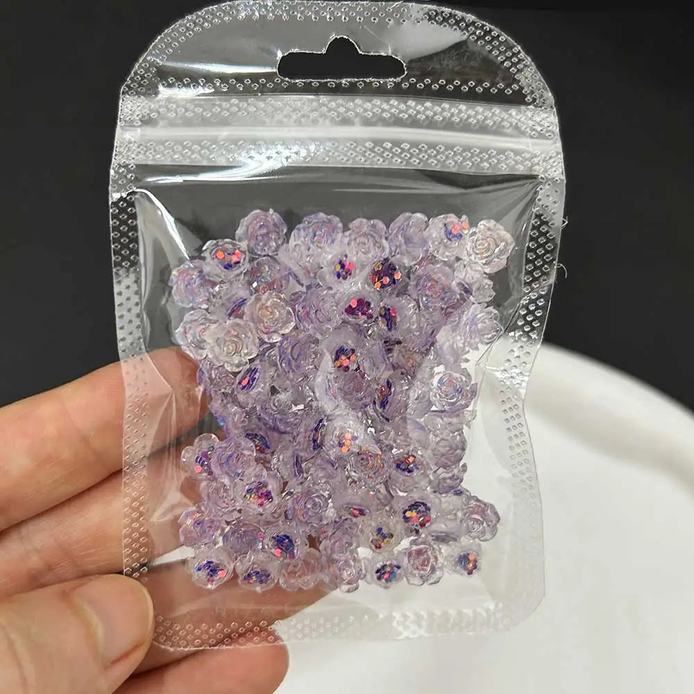 Rynx | 100 pcs. Light purple glitter camellia rose nail art charms 7.5/6mm flat back resin nail decoration sweet flowers nail supplies