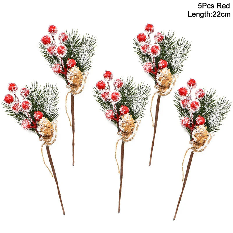 Rynx 5 Piece Christmas Red Berries Artificial Flower Pine Cone Branch Christmas Tree Decorations Ornament Gift Packaging Home DIY Wreath