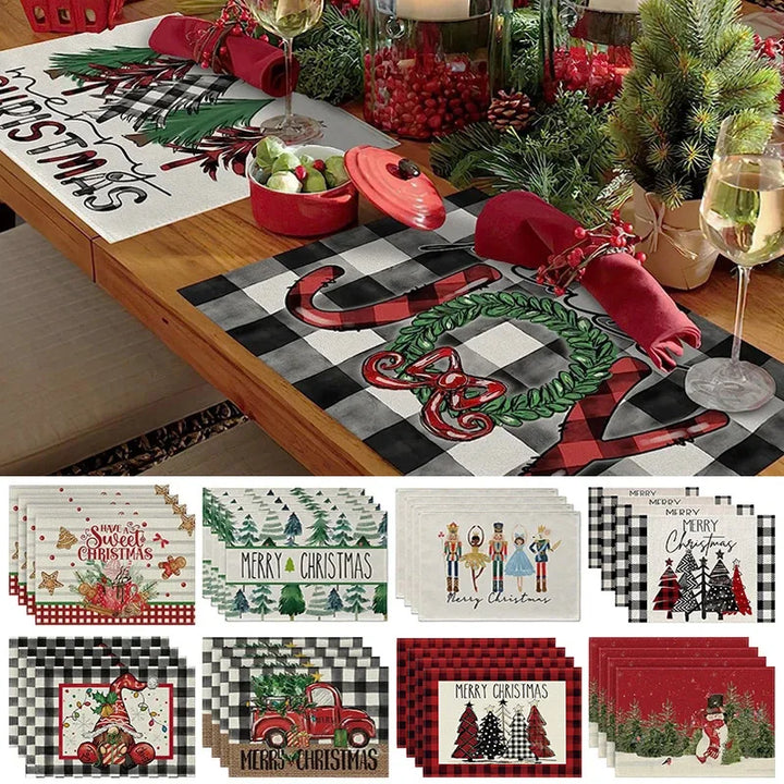 Rynx 4Pc Christmas Tree Moose Placemat Linen Dining Table Mats Coaster Bowl Coffee Mug Pad Mat 2024 Christmas Home Kitchen Decoration