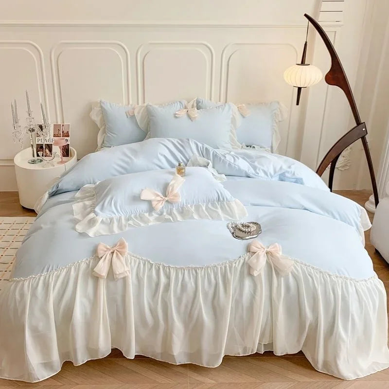 Rynx | Korean Princess Lace Bedding Set Beautiful Solid Color Lace Plush Duvet Cover Luxury Girls Wedding Home Textiles Bed Sheet Cover