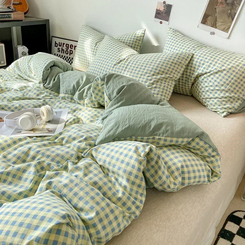 Rynx Japanese Style Check Queen Duvet Cover Set 1/3 Pieces Soft Washed Duvet and Pillowcase or just Duvet Covers Skin-Friendly