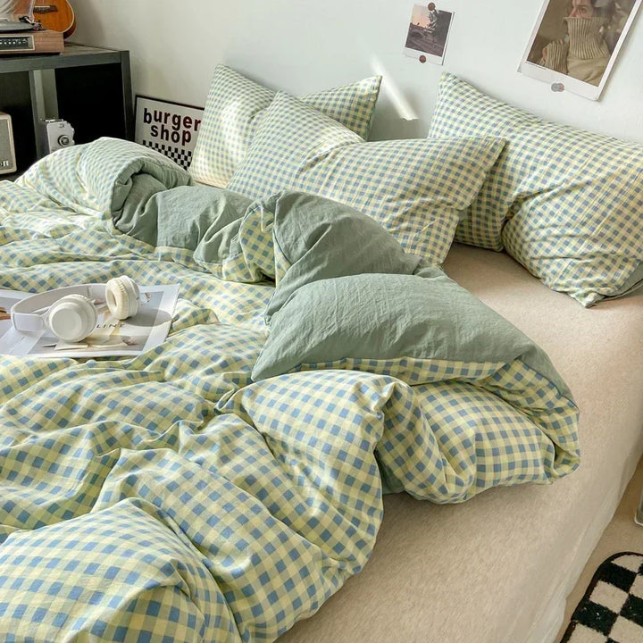Rynx Japanese Style Check Queen Duvet Cover Set 1/3 Pieces Soft Washed Duvet and Pillowcase or just Duvet Covers Skin-Friendly