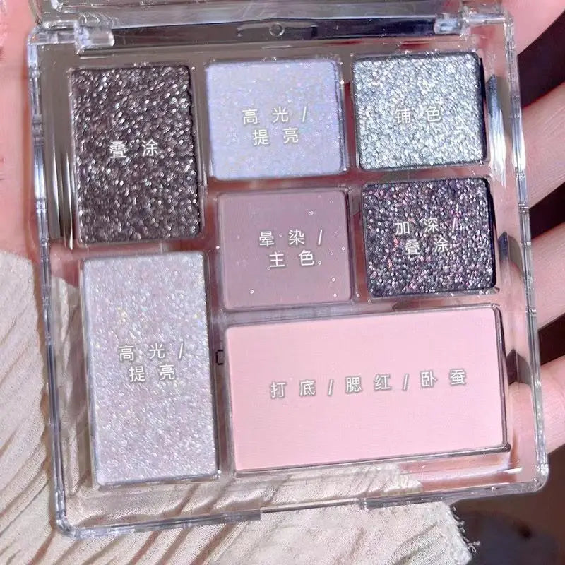 Rynx | Shimmer Eyeshadow Palette 7 Colors Gray Powder Glitter Eyeshadow Black Korean Eye Makeup Cosmetics Maquillajes For Women Makeup