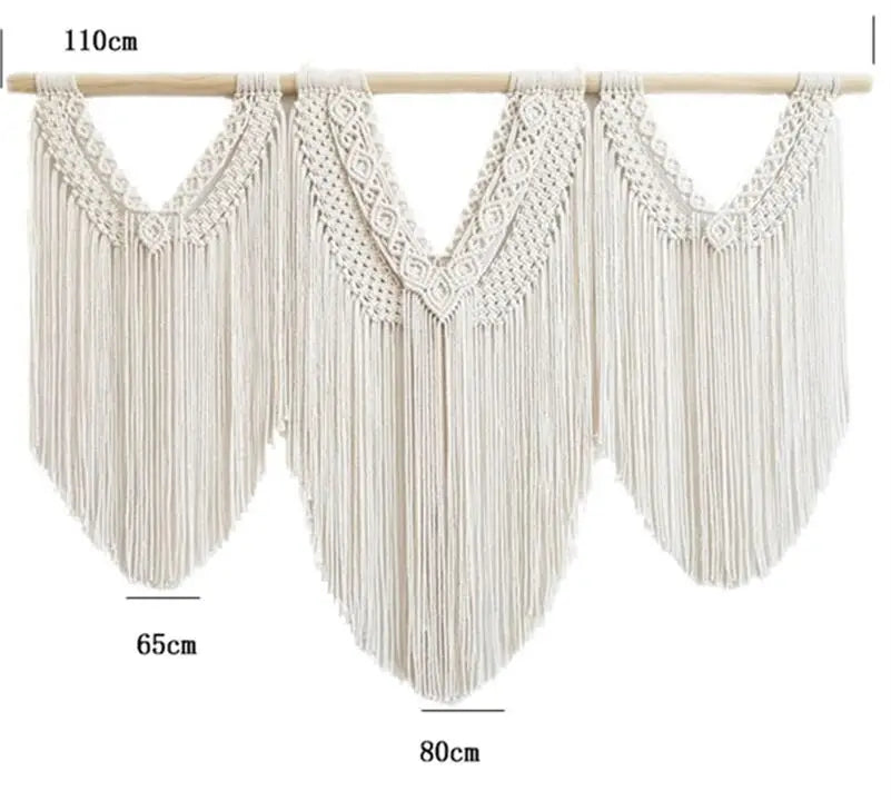 Rynx | Large Macrame Wall Tapestry Handcrafted Cotton Rope Tassel Pendant Wall Hanging Rug with Wooden Stick Handwoven Bohemia Tassel