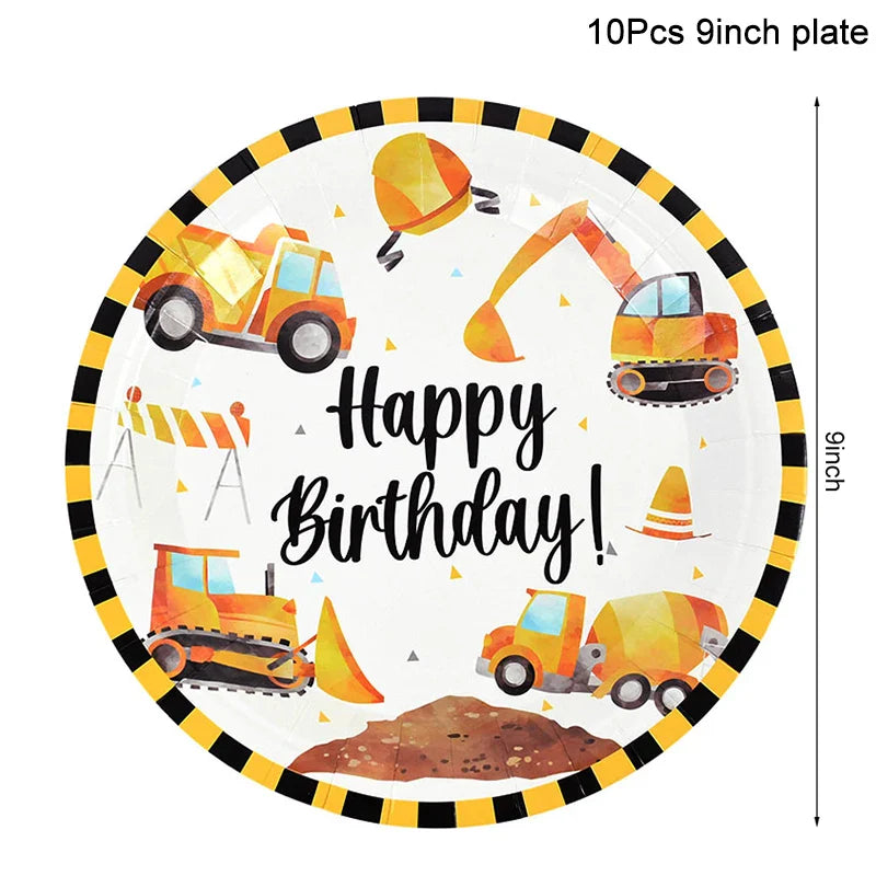 Rynx Construction Party Disposable Tableware Kids Boys Engineering Vehicle Theme Birthday Party Decorations Truck Balloon Supplies