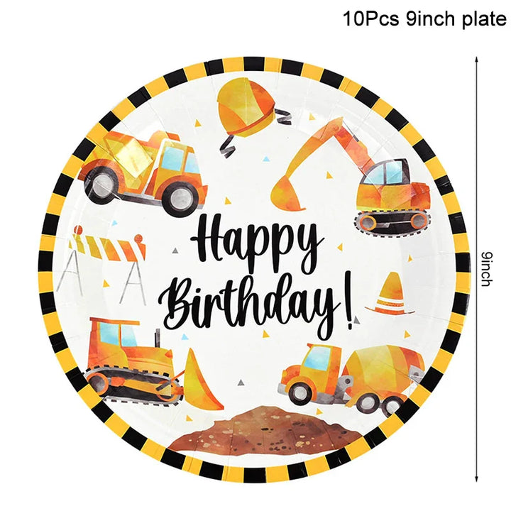 Rynx Construction Party Disposable Tableware Kids Boys Engineering Vehicle Theme Birthday Party Decorations Truck Balloon Supplies