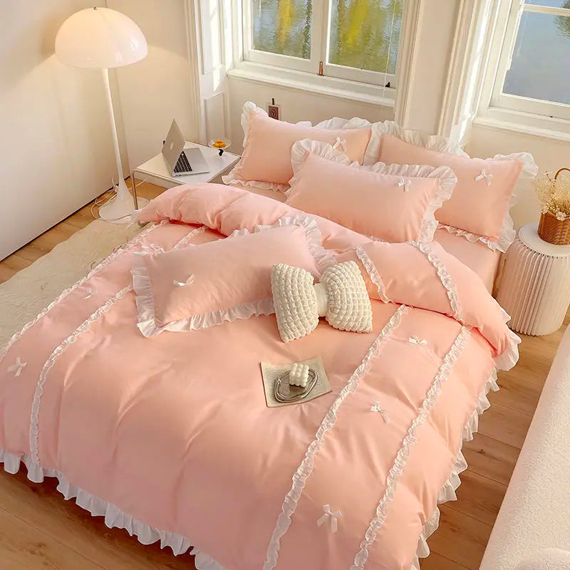 Rynx | Princess Style Duvet Cover Set with Bed Sheet Pillowcases Korean Green Pink Girls Gift Spring Single Queen Size Bedding Set