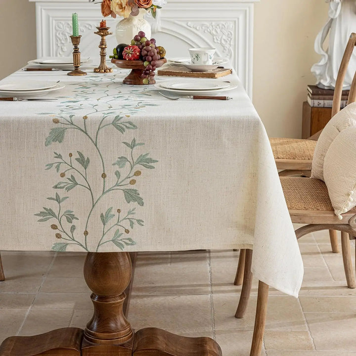 Rynx Embroidered Tablecloth, Cotton-Linen Simple Foldable Dustproof Tablecloth, for Kitchen Dining Room, Party, Birthday Table Decor