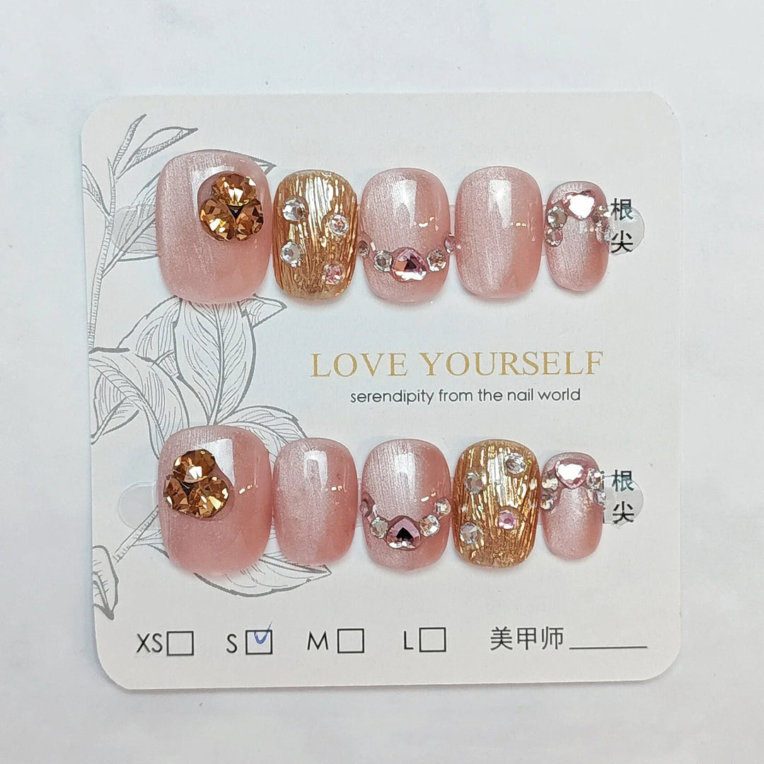 Rynx | 10 pieces Handmade Press-on Nails Shimmering Pink Cat Eye Artificial Nail Tips with Love Diamond Design Portable Korean Short Art Nails