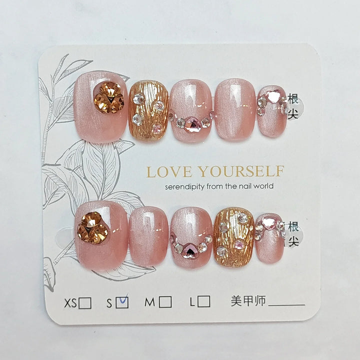 Rynx | 10 pieces Handmade Press-on Nails Shimmering Pink Cat Eye Artificial Nail Tips with Love Diamond Design Portable Korean Short Art Nails