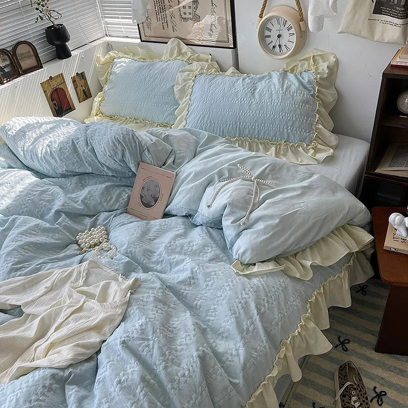 Rynx | Pink Korean Princess Style Lace Ruffles Bedding Set Skin-Friendly Seersucker Duvet Cover Set Fitted Sheet/Bed Sheet Pillowcases