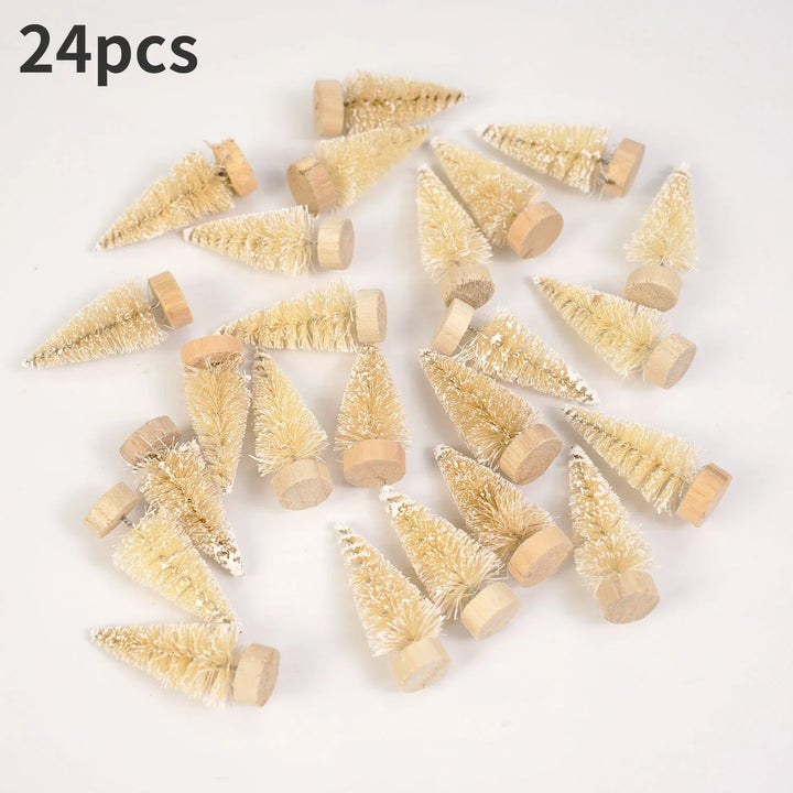 Rynx | 24 pieces, Mini Christmas sisal snow frost tree with wooden bottle brush - Perfect desktop tree for Christmas party and home decor