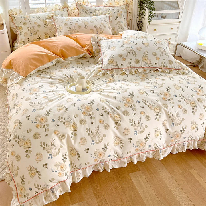Rynx Princess Style Ruffled 100% Cotton Duvet Cover Set or Single Duvet Covers Floral Soft Duvet Cover Cotton Sweet Duvet Covers