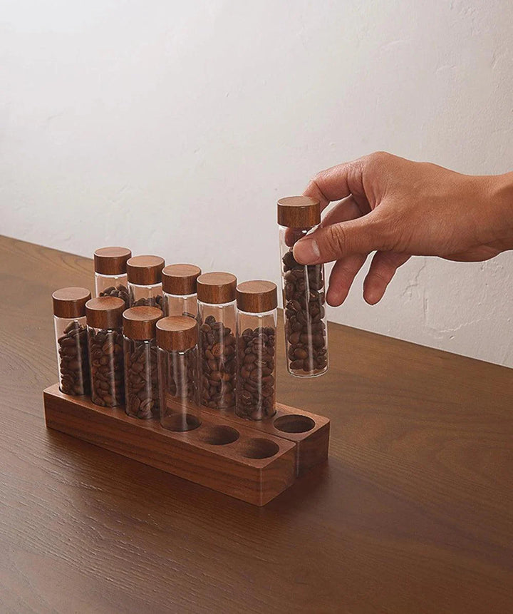 Lisslune | Stylish Walnut Base Coffee Bean Display Organizer with Elegant Glass Tubes